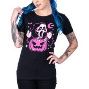 MORBIDLY CUTE Ghostface & Pumpkin Graphic Shirt. [L] Pink, Black & White *NWT*